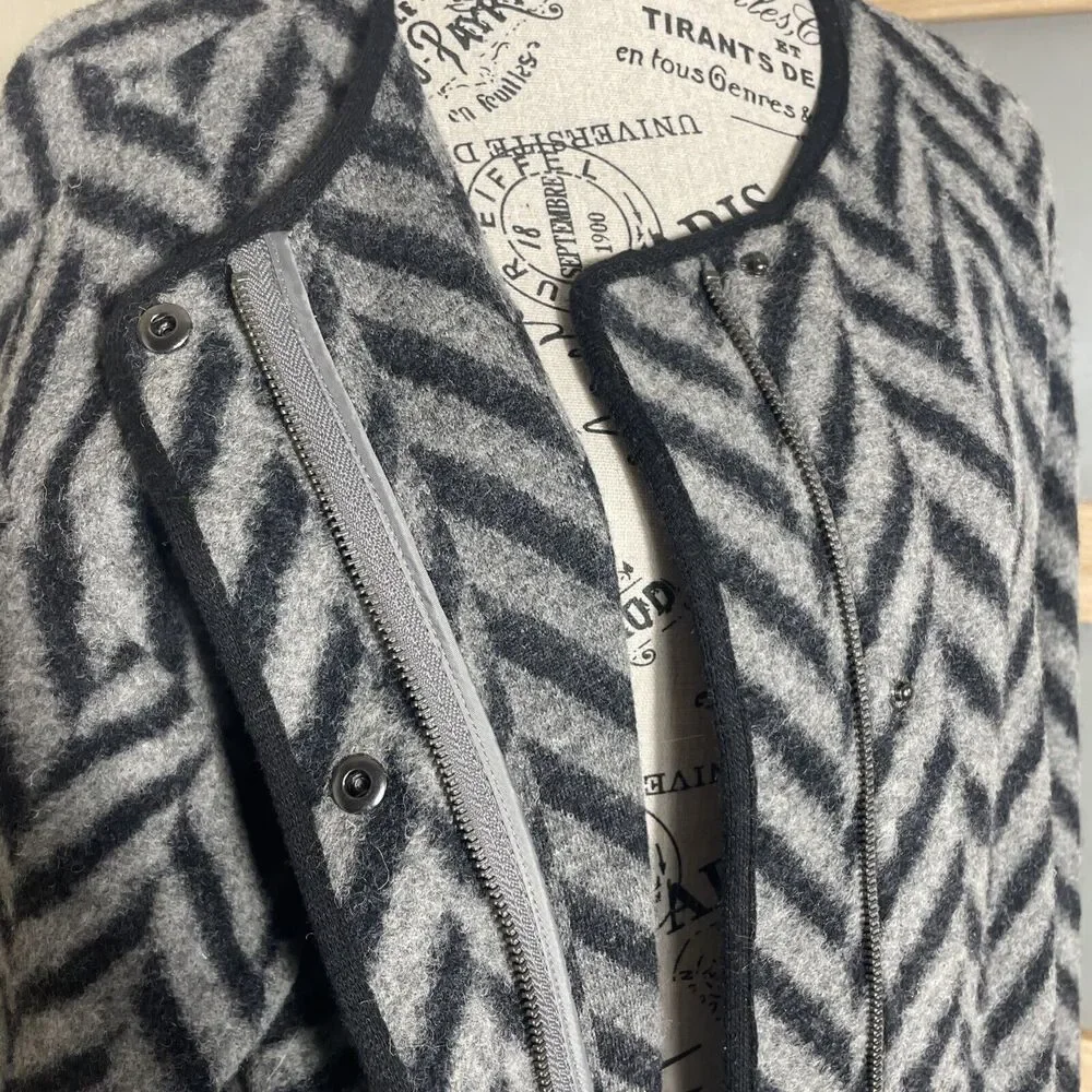 Talbots Womens Wool Blend Open Front Jacket Medium Black Gray Chevron Cardigan